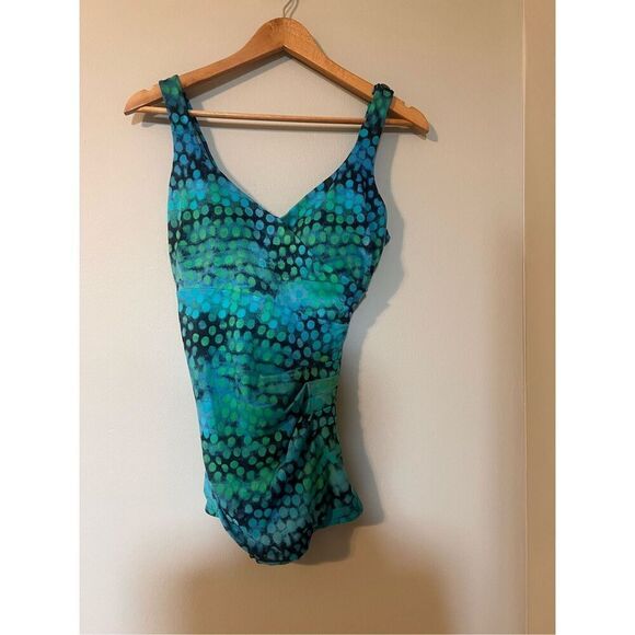 Maxine Women's Sized 12 One Piece Swimsuit Dress Blue Abstract Dot Psychedelic - Picture 2 of 8